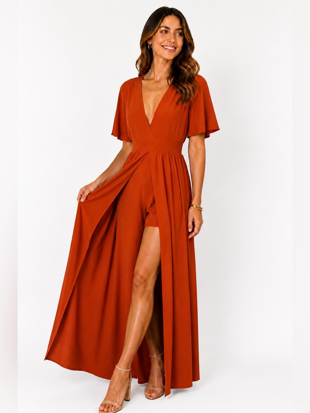 Lola Grace High-Low Romper Dress - Red/Burnt Orange Maxi Overlay with Shorts